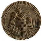 *SOLD* E19 19TH CENTURY DEEPLY CARVED 4 1/4" DIAMETER EAGLE BUTTER STAMP WITH A CARVED 8 POINTED STAR AND 2 DIFFERENT BRANCHES WITH LEAVES. CARVED PIE CRUST RIM. OVERALL IN FINE ANTIQUE CONDITION WITH A LITTLE AGE/ EXPECTED WEAR.