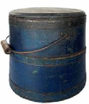 G579 Mid 19th century Shaker original blue painted, lidded wooden sugar bucket featuring iron diamond-shaped bail plates, wire bail with turned wood handle, chamfered bottom 