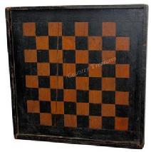 C394 19th century Virginia Game Board, with original black and salmon paint, with applied molding, the wood is white pine and walnut, circa 1880