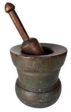 *SOLD* RM1243 Rare 18th Century Apothecary Mortar and Pestle in old green over grey painted surface. Large , over 7 pounds, heavy mortar and pestle in fantastic turned iconic apothecary type shape. Rim is thick and quite wide at 2". Appears to have been heavily used and repainted several times over its life. 