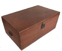 P286 NewEngland original red painted Storage Box with the original attic surface paint, all hardware is intact, the construction is dovetailed, circa 1850