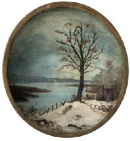 *SOLD* D679 19th century hand polychrome painted wooden bowl wiith a Winter Scene, of house by a lake in the snow, beautiful work, bowl is in good condition 