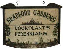 F69 Early 20th century wooden trade sign, advisting Bradford Gardens, rock, plants and perennials. 27 1/4" long x 20" tall 