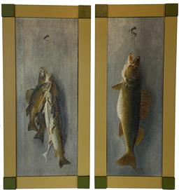 F189 Early 20th century New Jersey paintings on Canvas of Fish beautiful painted and mounted in newer frames signed by the Artist, George Greene Painter  Poet, George Greene was successful as both a painter and a poet. He was Born 05/06/1908, Boston, Massachusetts - Died 01/26/1995, Lambertville, New Jersey, 