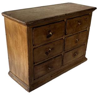 F214 19th century six drawer Spice Chest from Pennsylvania, in the original mustard paint, all square nail construction, with applied cove molding under the top, also nice cove molding at the base, the wood is white pine and poplar all original 20" wide x 8" deep x 14" tall