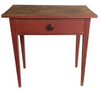 F95 Early 19th century Country Hepplewhite one drawer Server / Side Table, in the original red paint, the over sizes drawers is dovetailed , with a one board scrub top, nice tapered legs, 