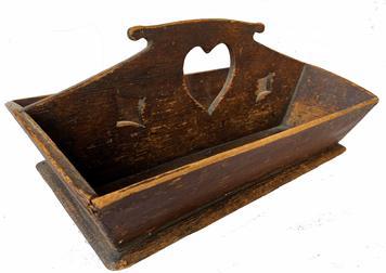 *SOLD* A291 Wooden Cutlery Box, cut out heart and diamonds square head nailed construction original surface