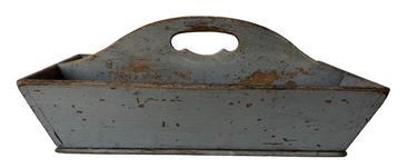 D472 19th century Virginia, Cutlery Box in early 19th century pewter gray paint, dovetailed case, canted sides ,with high arch center divider, and a cut out handle , the wood is cherry, circa 1820
