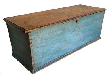 F183 Early 19th Century AMERICAN SEA CAPTAIN'S CHEST In original blue painted surface, one board pine dovetail construction, ditty box and bottle holder interior 