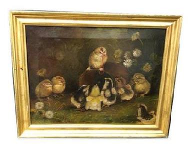 F18 Wonderful oil painting of a baby chick standing on an old tin can with a worm in his beak and nine additional fluffy chicks gathered around. Painting is attributed to world renown artist, Ben Austrian (1870  1921).