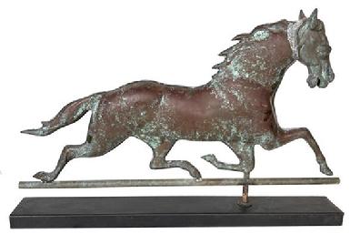 H120 Large swell body copper running horse weathervane with cast head. Mounted on a base for display purposes. 20th c.,