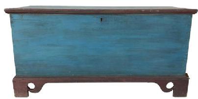 D555 19th century Salisbury Maryland in the original red and blue paint, dovetailed case with applied elaborate cut out base. One board square head nail construction, the interior has a locking glove box. circa 1830