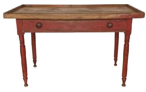 Q221 Early 19th century Lancaster Country Pennsylvania unique Sorting Table with the original bitter sweet red paint, circa 1820, with a single full size drawer. It has a beautiful wide two board well showing pit saw marks.