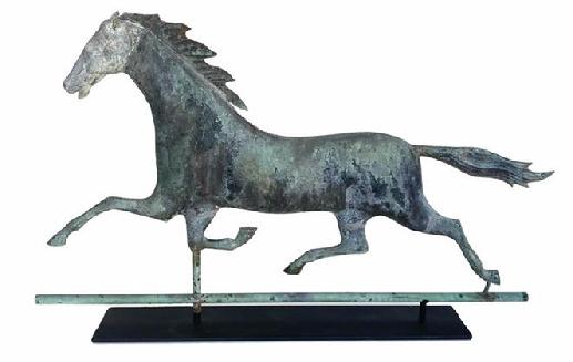 G550 Early 1900s Antique Copper Running Horse Weathervane. This large horse has a body made of copper and a cast head. Full body. Great patina and condition with flowing mane and tail, mounted on an iron stand for displaying.