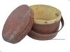 T196 Red Painted Mixed Wood Handled Pantry Box, tacked lap joint, bent wood swing handle with wood peg attachment, dry original surface  6-½"h. x 6 1/2"dia.,