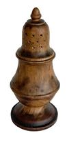 M8 Early 1900s wooden Treenware Sugar Shaker / Muffineer with acorn finial - used for sprinkling sugar, pepper and spices particularly cinnamon over food (generally muffins). This solid wooden example is marked France on bottom and shows evidence of a very early glue repair to the base. Measurements: 3 bottom diameter x 7 tall.
