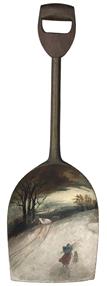 D678 Polychrome painted wooden Shovel,WONDERFU, Hand Carved, Wooden Shovel with a GREAT Hand Painted Winter Scene. This Shovel stands 36 1/2" high Great hand carving marks.