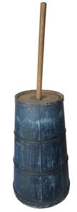 D577 19th C Wooden Butter Churn Old Blue Paint, Hand made Wrought Iron Bands.butter churn, in early dry blue paint. Staved constructed from oak with hand wrought iron bands. The hand wrought iron bands are tight and help date this this piece from early to no later than mid-19th century. It comes complete with an hickory dasher and lid. Item stands 22" Tall without dasher and 38" tall with dasher and 912 3/4' top diameter flaring out to 7 1/2" bottom diameter.