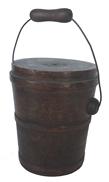 E241 19th century Toy bucket with a removable Lid, turned wood , with a bail handle miniature pail with "Fall 1892" inscribed under the cover all natural patina