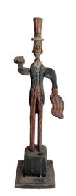 **SOLD** RM1622 Folk Art hand carved and painted wooden block-cut style Uncle Sam whirligig mounted on wooden base. Uncle Sam features carved hair/facial and coat/vest/hat details all painted in a patriotic red, white and blue theme. He is holding a flag in each hand, and the arms spin freely to depict waving the flags. Measurements: Overall height is 23 ¼ tall. Base measures 6 wide x 5 ½ deep.