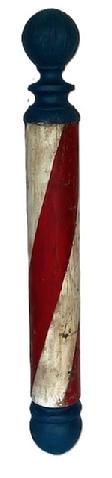 K1817 Late 19th century solid wood turned Barber Pole bearing a multi-layered painted and weathered red, white and blue painted surface with areas of the original paint showing through. A nice, solid wooden ball turning on both top and bottom adds to the visual appeal of this pole!  Approximately ~47� tall. 