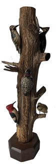 E196 Great piece of American folk Art of five polycrome painted Woodpeckers.Hand carved
