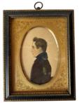 F135 Water color of Thomas R. Coulon. He was born 1/2/1815. He was the Father of Anne Elizabeth Lockwood, Grandfather of Ralph Cooper Lockwood, Great Grandfather of Janet Lockwood Rowland, Great Great Grandfather of Jonathan Lockwood Rowland. This beautiful hand painted water Color was found in a private collection in Talbot County, Maryland, in it's original frame and documentation on the back. Measures: 4 1/8" wide x 5 1/8" tall