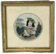 H377 Small gold gild framed watercolor portrait of a girl in a garden setting, wearing a green hat and holding an animal in her lap. Appears to have been drawn in graphite and colored with watercolors with detailing added to the trim of her dress and necklace, as well as the garden sculpture in the background. Framed measurements: 4 5/8” square x 1/2” thick. The round portrait area is 2 ½” diameter.