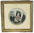 H377 Small gold gild framed watercolor portrait of a girl in a garden setting, wearing a green hat and holding an animal in her lap. Appears to have been drawn in graphite and colored with watercolors with detailing added to the trim of her dress and necklace, as well as the garden sculpture in the background. Framed measurements: 4 5/8 square x 1/2 thick. The round portrait area is 2 ½ diameter. 