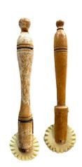 M23 Group of two (2) Sailor made Pie Crimpers with Scrimshaw Whalebone crimper wheels and delicately turned wood handles with finials one of the handles bears remnants of original white paint. Both crimpers measure approximately 4 7/8 long with each of the wheels measuring approximately 1 1/8 diameter.