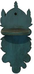 A220 19th Century Wall Mounted candle Shelf, Beautiful blue paint, with scalloped cut-outs and circular shelf mortised into backboard. 16"h. x 7"w. x 6 1/2"d. Condition: Good, surface wear.