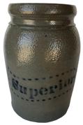 **SOLD** E57 Parkersburg, WV, circa 1880, cylindrical canning jar Cobalt-Decorated Stoneware Jar, Stenciled "Superior", attributed to A.P. Donaghho, Parkersburg, WV, cylindrical canning jar with tooled shoulder and semi-rounded rim, featuring the stenciled inscription, "Superior", within a banner. 8" tall x 5" diameter