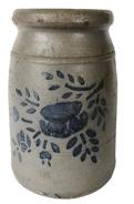 E61 Small-Sized Cobalt-Decorated Stoneware Canning Jar with Stenciled flower, Western PA origin, circa 1870, H 6 1/8".