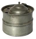 L268 18th century Pewter ink well fitted with six quill holes and hinged lid covering the area where a removeable porcelain insert ink pot would sit (missing). Flared rim with tapered sides boasting decorative incised rings above and below a raised embossed center ring. Circa 1780s 1800. Measurements: 3 7/8 diameter x 2 5/8 tall.
