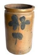 L458 19th century two gallon Signed Peter Hermann Stoneware Jar from Baltimore, Maryland Stoneware Jar decorated with large Cobalt blue double clover blossoms with two leaves on each side. Clear stamp reads: 2G "P. Hermann." Peter Hermann (1825-1901) ran his Pottery on Edgar Street in Baltimore, MD from 1850-1872. Measurements: 8 diameter (bottom) x 12 ½ tall.