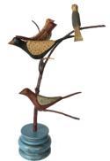 D221 Pennsylvania hand carved  Folk Art Bird Tree with five  carved  folky painted  circa 1980�s Birds.  Mounted in a turned base Measures approximately 15" tall