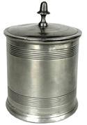 L266A Pewter Tobacco Jar – C.1790-1800 -features a slightly tapered body, banded base, slightly flared foot and acorn finial. The interior retains a second heavier lid, or press, which pressed down and helped preserve the tobacco from the air. Unmarked.