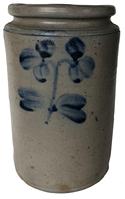 E411 Stoneware Jar with Cobalt Clover Decoration, Baltimore, MD, circa 1875, cylindrical jar with tooled shoulder and semi-squared rim, decorated on the front with a brushed two-stemmed clover motif. stamped 1 gallon