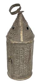 L101 19th century Initialed punched tin Lantern retaining original surface. Symmetrically punched and pierced designs, along with circular vent holes in top. The single initials J and S are punched on opposing sides of the conical shaped top. Attached out of round metal handle at the top.