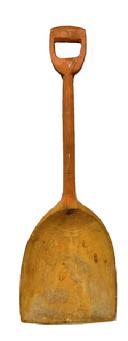 **SOLD** M170 19th century wooden Grain Shovel with original pumpkin painted handle. Hand carved from a single piece of wood, featuring an arched carved pan with cylindrical shaft and D-shaped carved handle. Found in Pennsylvania.