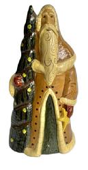 M136 Signed and dated Eldreth Pottery Redware Santa Figure with long mustard colored cloak. He is hugging a decorated tree under his right arm and holding a bright yellow star in his left hand. Eldreth 2011 39 / 100 is carved into the bottom. It is also hand signed and dated Diana Eldreth 2011. Measurements: The bottom is 6 wide x 4 ¼ deep and overall height is 12 tall.