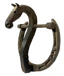 **SOLD** M328 Unique early horseshoe and hand forged wrought iron figural horse door knocker. Detailed face and ears. Measurements: 5 7/8 wide x 3 ¾ deep x 6 ½ tall.
