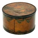 **SOLD** M282 Small Bentwood Pantry Box Pennsylvania Dutch Decoration steamed and bentwood Pantry Box with metal bands with hand painted lid and sides featuring a hand painted Folk Art bird with flower and vine on the lid and swags surrounding the sides. Very clean, natural patina interior. Measurements: 4 5/8 top diameter x 4 ½ bottom diameter x 2 7/8 tall.