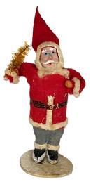 L316 Santa with blue cloth trousers, red felt jacket/hood with white pipecleaner edging, clay painted face and boots, textured black/red belt. Pipe cleaner hands clutching a yellow feather tree. Unmarked cardboard disc for base. Measurements: 7" tall " tall x 2 1/4" diameter base.