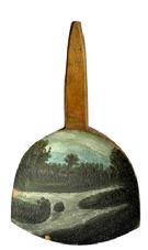 M112C 19th century identified hand painted wooden butter paddle depicting a nighttime scene of a tree-lined river. Stamped R G on the handle. Remnants of gold paint on handle and reverse side. Small chip to bottom edge. Measurements: 9 ½ long x 5 5/8 wide x ~1 3/8 deep.