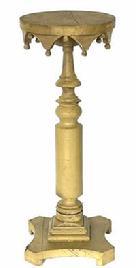 G946 Sturdy, 19th century Eastern Shore, Maryland original yellow painted plant stand with solid wooden turned center column attached on decorative raised base. Individually applied drop molding pieces resembling the whimsical inverted triangles and bells on a jester’s hat encircle the underside of the top. Great piece of folk art. Measurements: 11 ¼” diameter top x 11 ½” across base x 29 ½” tall