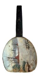 M112B 19th century hand painted wooden butter paddle depicting a snowy landscape with barren trees and the snowcapped roof of a house with a large chimney in the distance, and a partial fence in forefront. Slight glittery accents to the paint in the scene and a solid black painted handle. No breaks or cracks. Measurements: 9 3/8 long x 5 wide x ~1 deep.