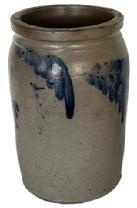 L92 Cobalt blue Decorated Stoneware Crock. Cylindrical jar with tooled shoulder and semi-squared rim. Measurements: 5 ¼ diameter x 8 ¾ tall.