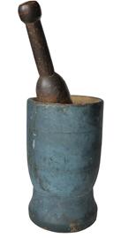 E132 19th Century Wooden Mortar & Pestle in fantastic original dry blue painted surface..Pestle is original and shows beautiful old patina to the wood