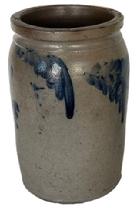 L92 Cobalt blue Decorated Stoneware Crock. Cylindrical jar with tooled shoulder and semi-squared rim. Measurements: 5 ¼ diameter x 8 ¾ tall.   
